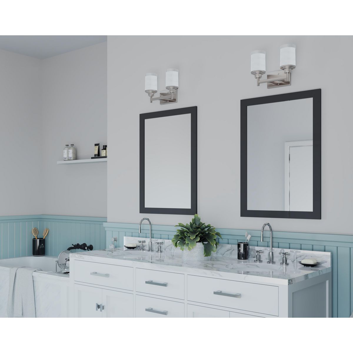 Progress Lighting P2977-09 Alexa 2 light brushed nickel bath vanity wall light in bathroom setting