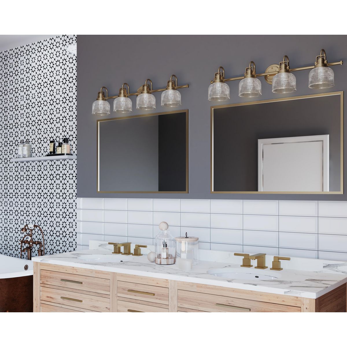 Progress Lighting Archie 4 light vintage brass bath vanity wall light installed above bathroom mirrors