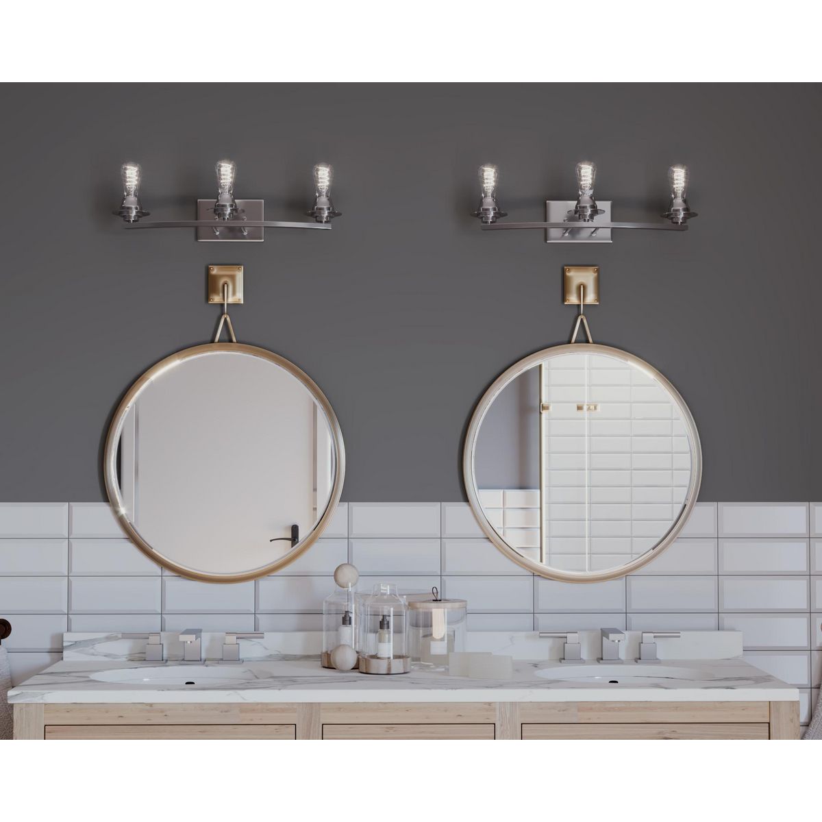 Progress Lighting P300010-009 Debut 3 light brushed nickel bath vanity wall light in bathroom setting