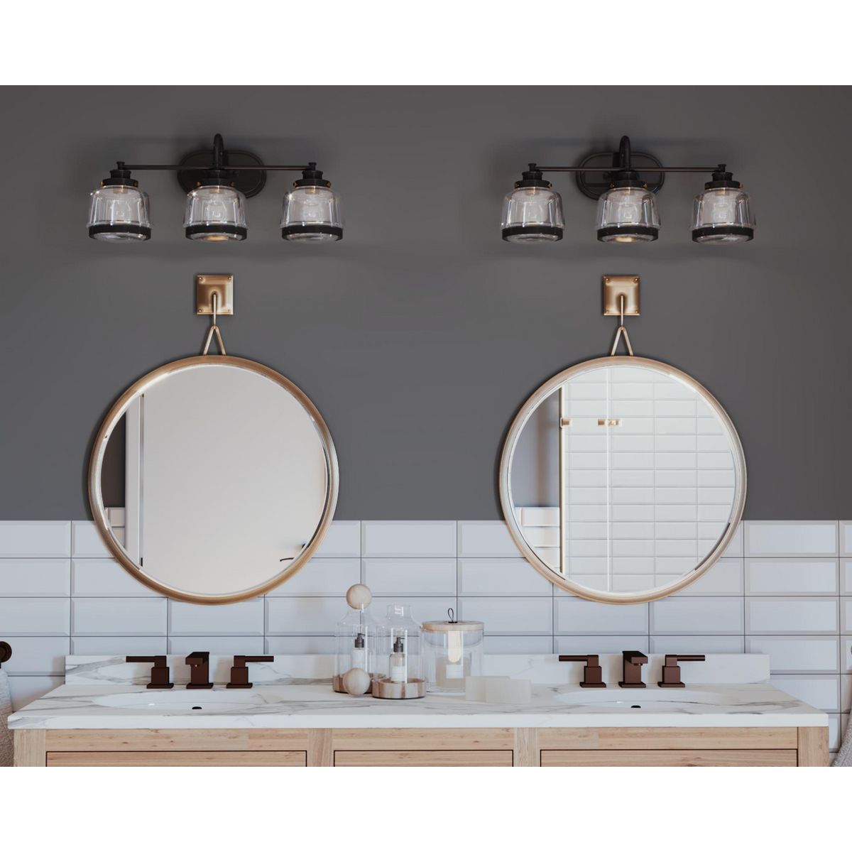 Progress Lighting Judson 3 light antique bronze bath vanity wall lights installed above bathroom mirrors