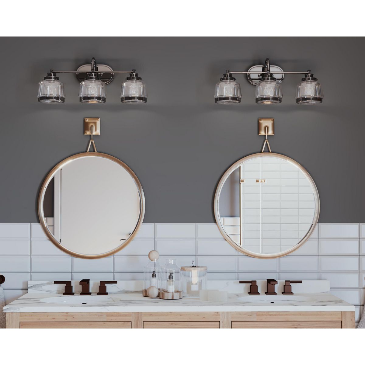 Progress Lighting Judson 3 light polished nickel bath vanity wall light installed above bathroom mirrors