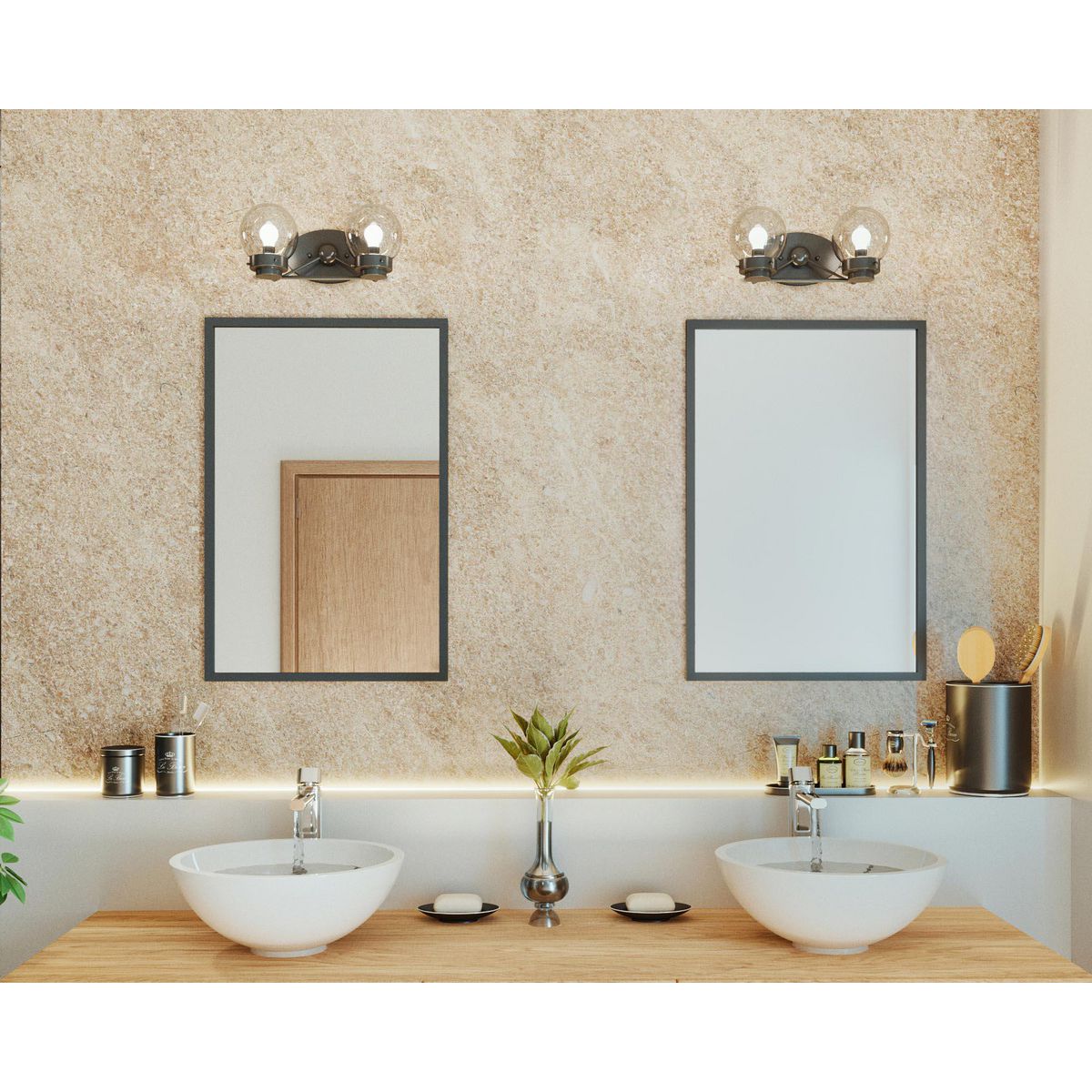 Progress Lighting P300113-031 Spatial 2 light matte black bath vanity wall light in bathroom setting