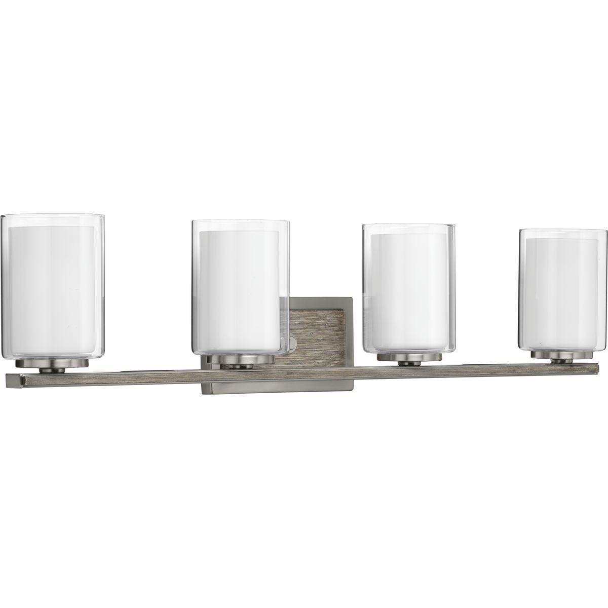 Progress Lighting P300218-009 Mast 4-Light Brushed Nickel Bath Vanity Wall Light with Clear and White Glass Cylinder Shades