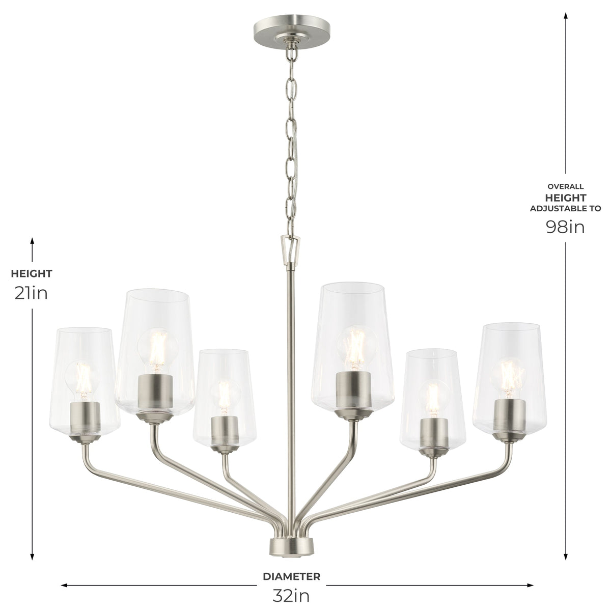 Progress Lighting P400443-009 Celino 6 light chandelier dimension diagram