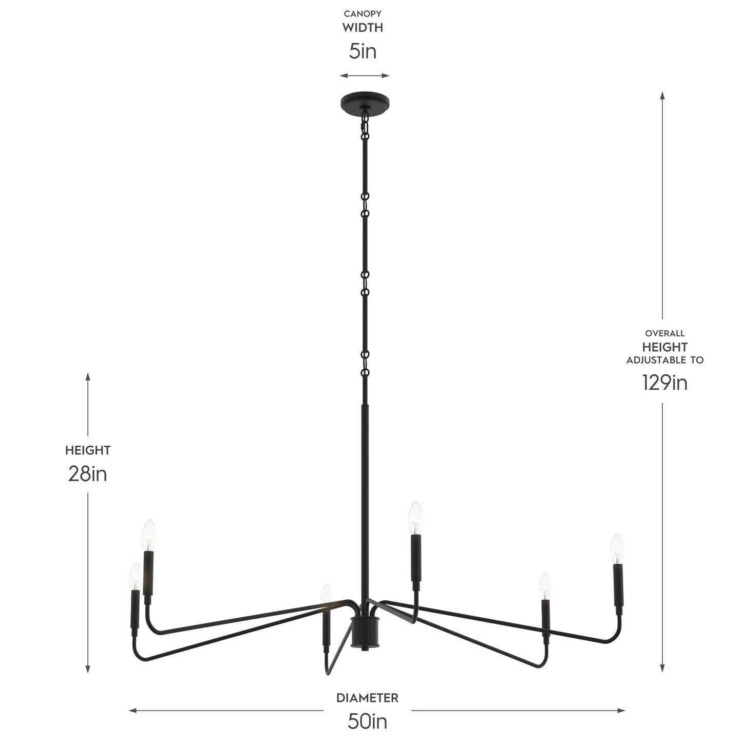 Progress Lighting P400473-31M Pilar Matte Black Chandelier - Dimensions Diagram