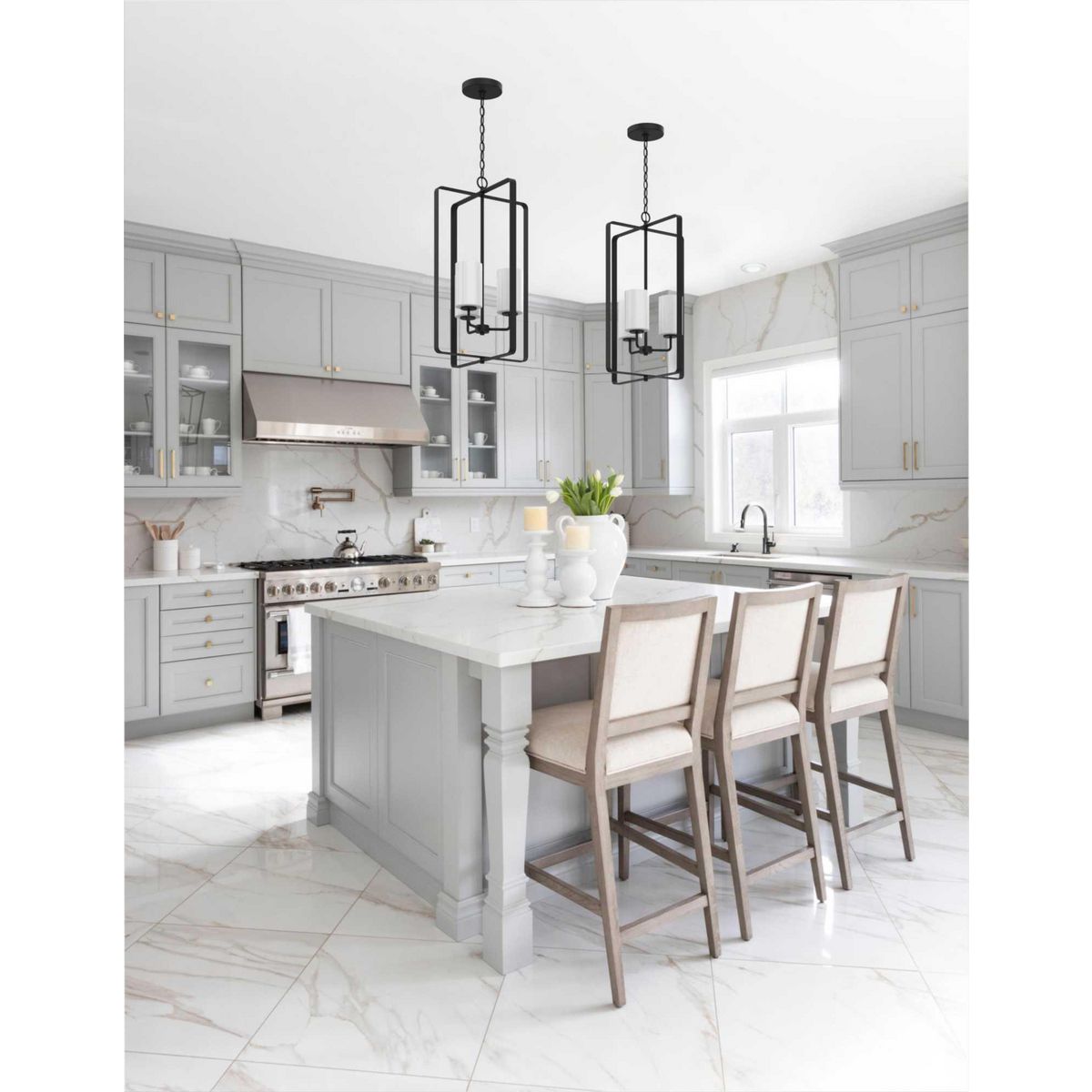 Progress Lighting P500342-31M League Matte Black foyer chandelier in kitchen setting