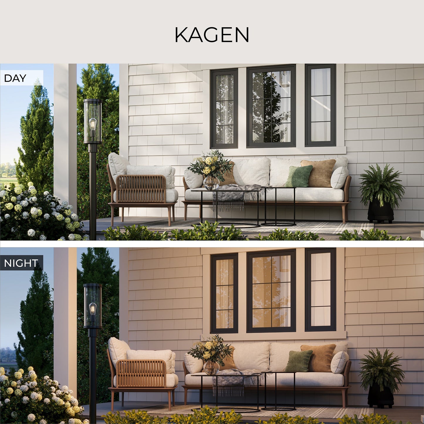 Progress Lighting P540112-31M Kagen Outdoor Post Lantern - Day and Night Versatility Infographic
