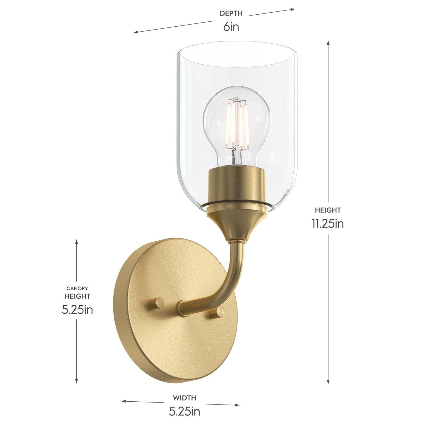 Ilia wall sconce dimensions diagram showing 11.25 inch height, 5.25 inch width, 6 inch depth
