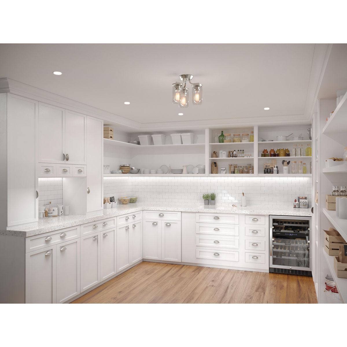 Progress Lighting P350149-009 Lassiter 3 Light Brushed Nickel Semi-Flush Mount installed in a modern pantry