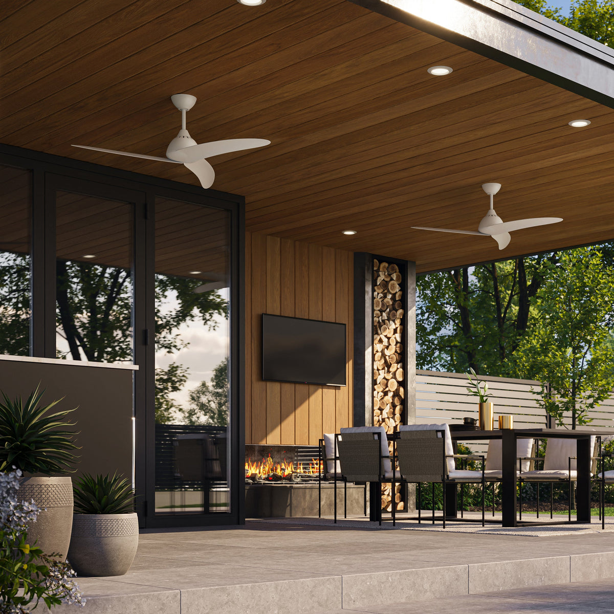 Progress Lighting P250126-28M Nirra Matte White ceiling fan installed on patio
