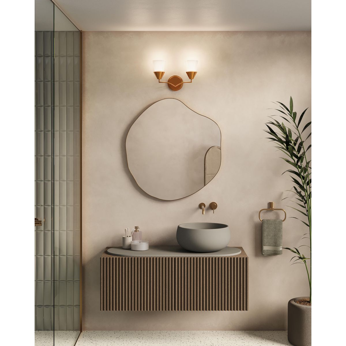 Progress Lighting Pinellas 2 light bath vanity wall light in soft gold installed in bathroom