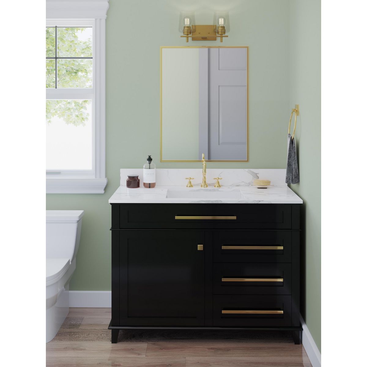 Progress Lighting P300361-163 Calais 2 light vintage brass bath vanity wall light in bathroom setting