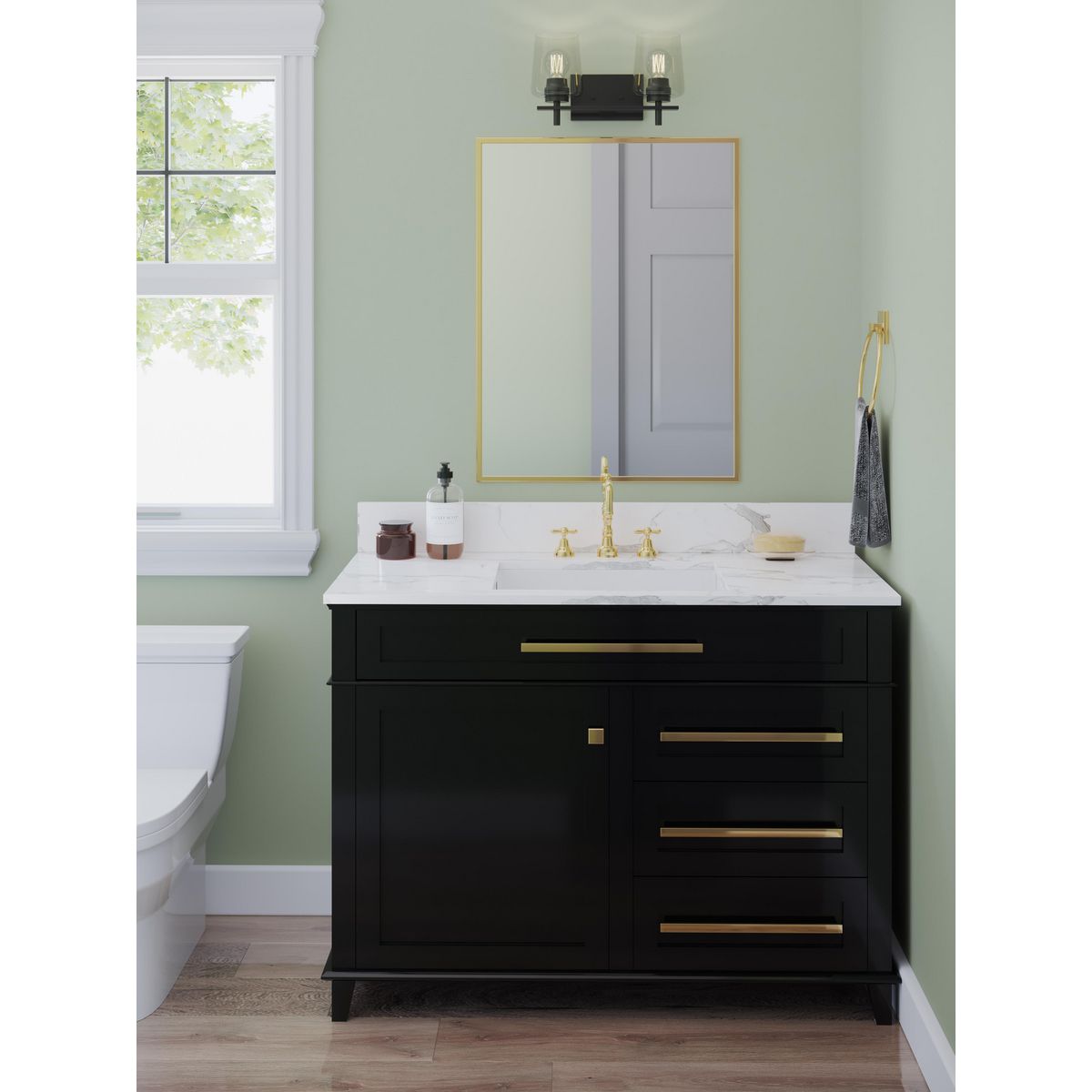 Progress Lighting Calais 2 light matte black bath vanity wall light installed above bathroom mirror