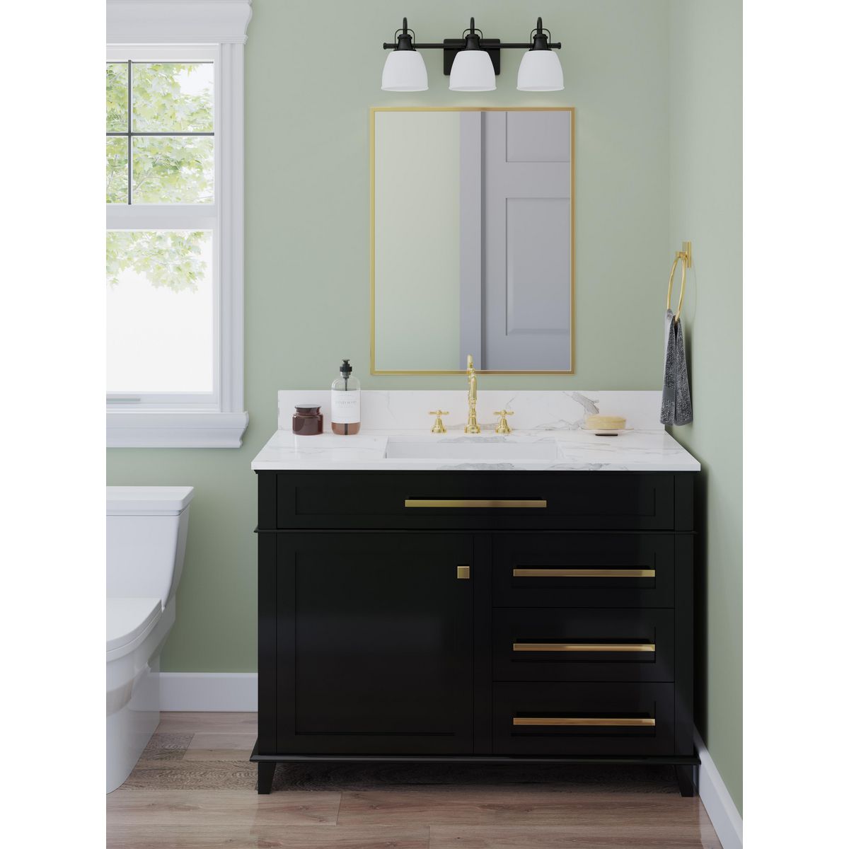 Progress Lighting Preston 3 light matte black bath vanity wall light in bathroom setting