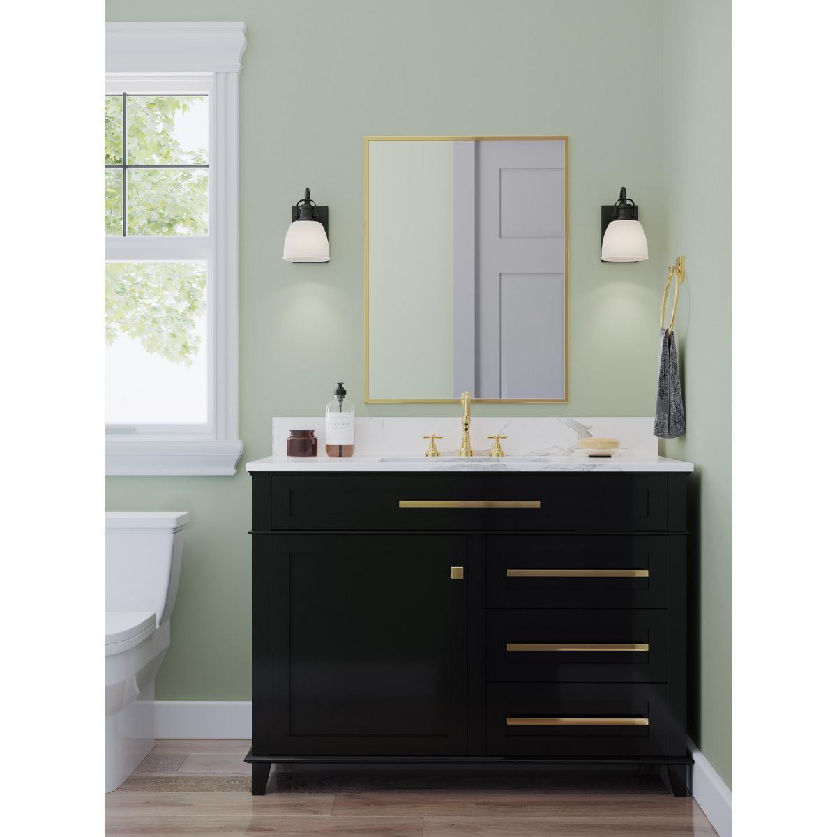Progress Lighting Preston matte black bath vanity wall lights in bathroom setting