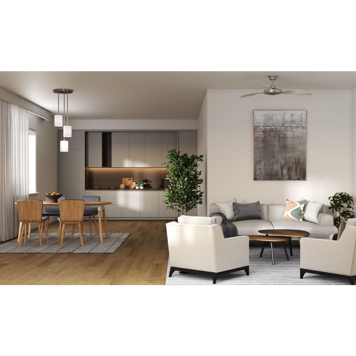 Progress Lighting Replay brushed nickel mini pendant shown in a dining and living room setting