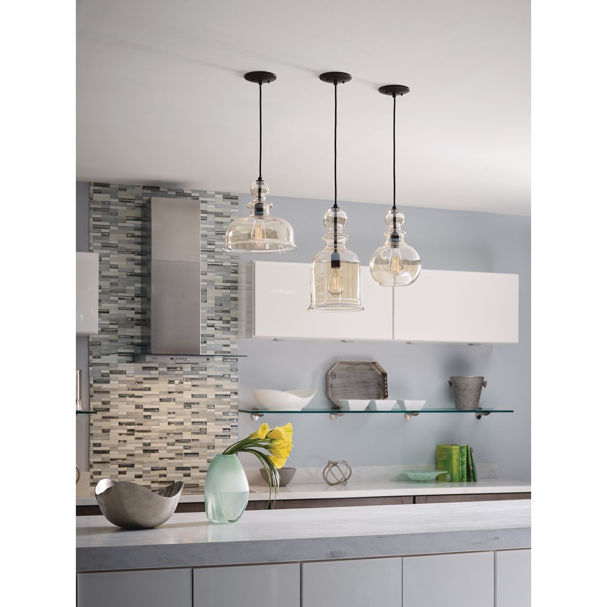 Progress Lighting Staunton antique bronze pendant lights in kitchen setting