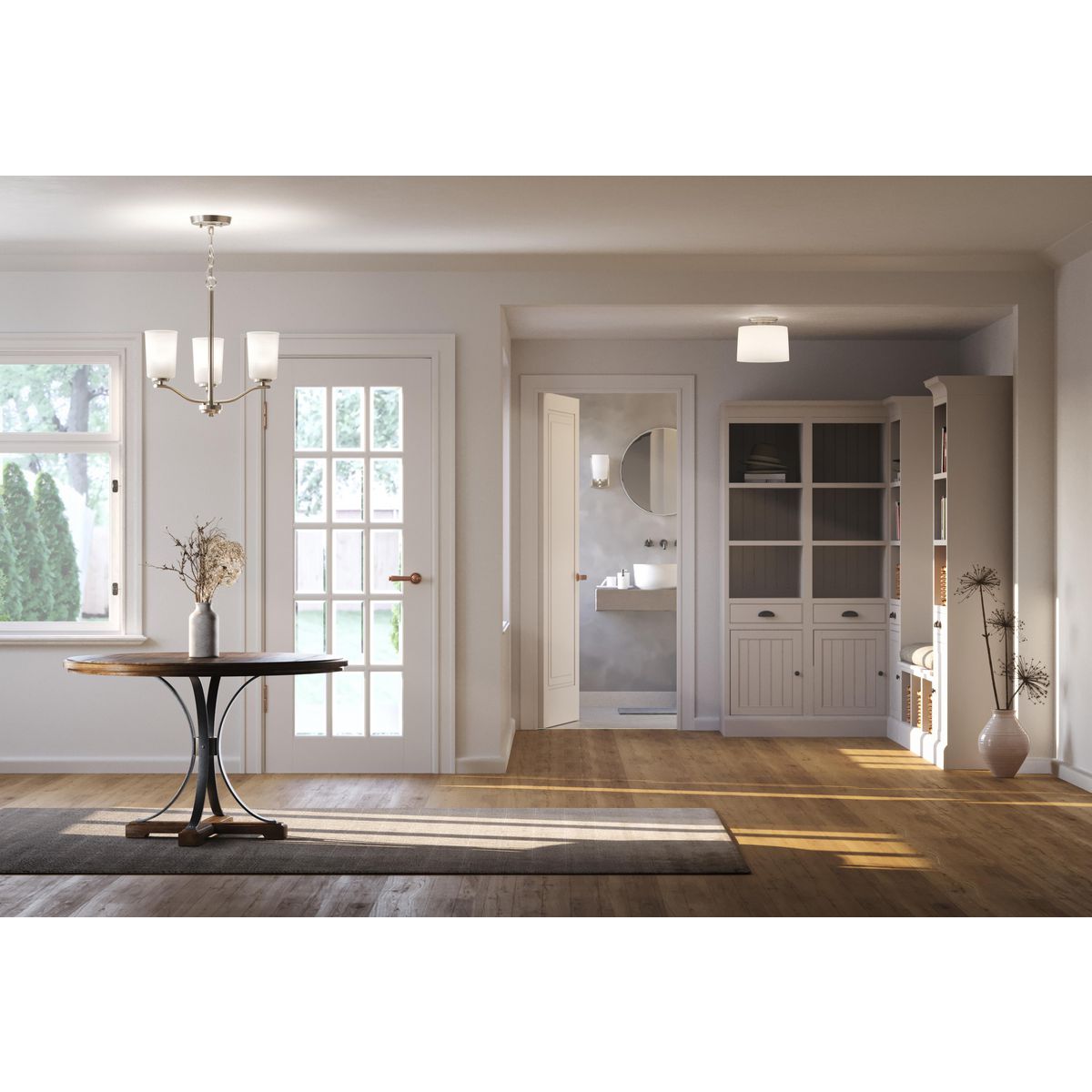 Progress Lighting Adley brushed nickel flush mount ceiling light in room setting