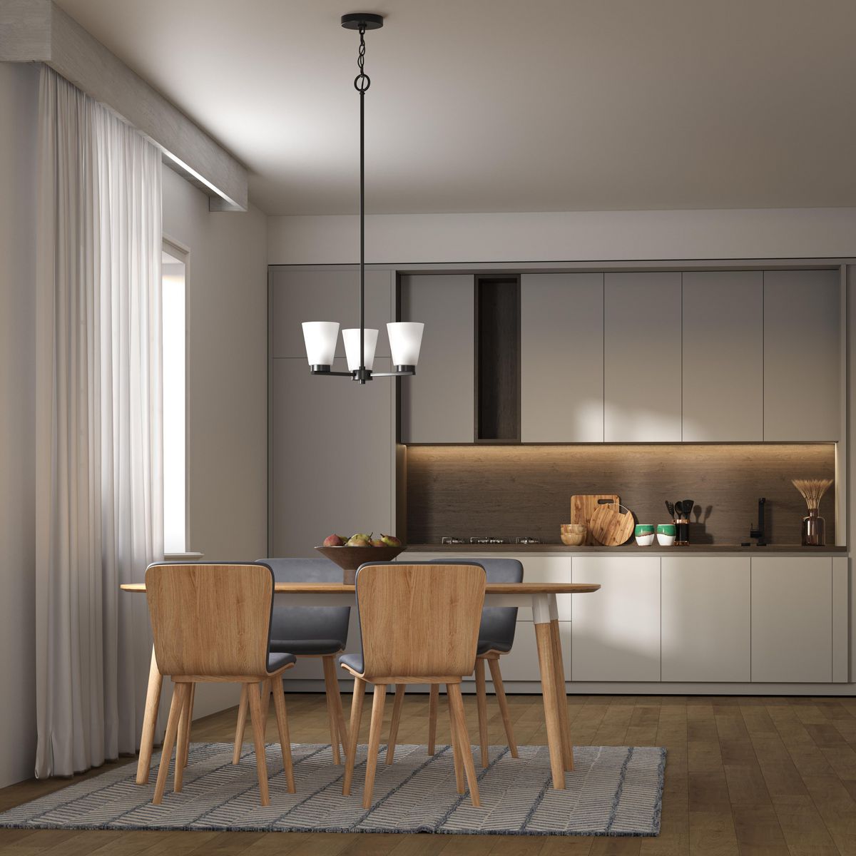 Progress Lighting Tanner 3 light matte black chandelier in kitchen