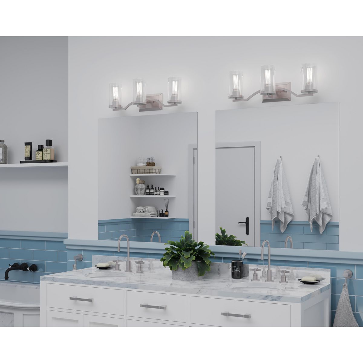 Progress Lighting Lassiter brushed nickel bath vanity wall light in bathroom setting