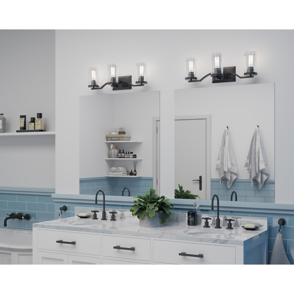 Progress Lighting Lassiter 3 light matte black bath vanity wall light in bathroom setting