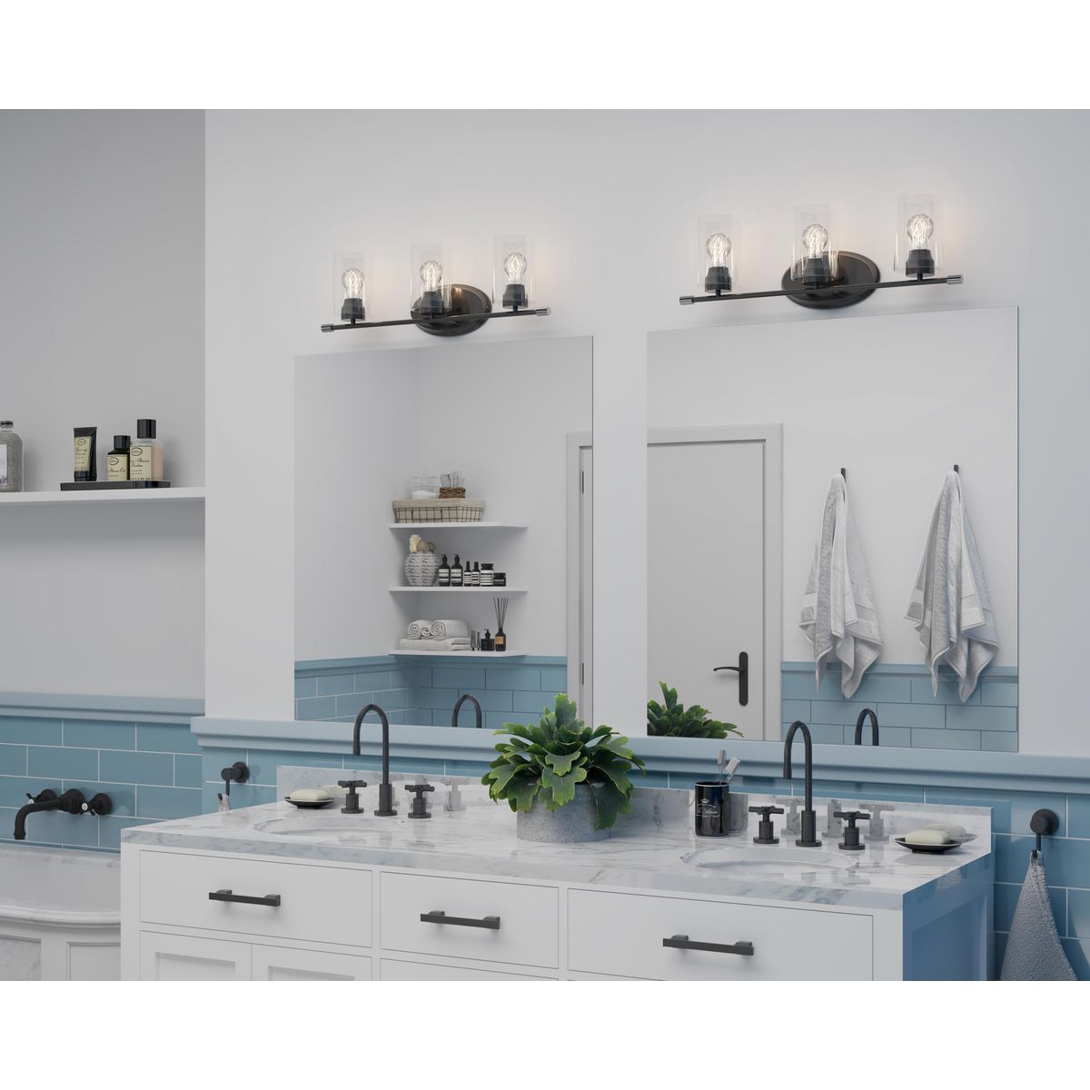 Progress Lighting Riley 3 light matte black bath vanity wall light in bathroom