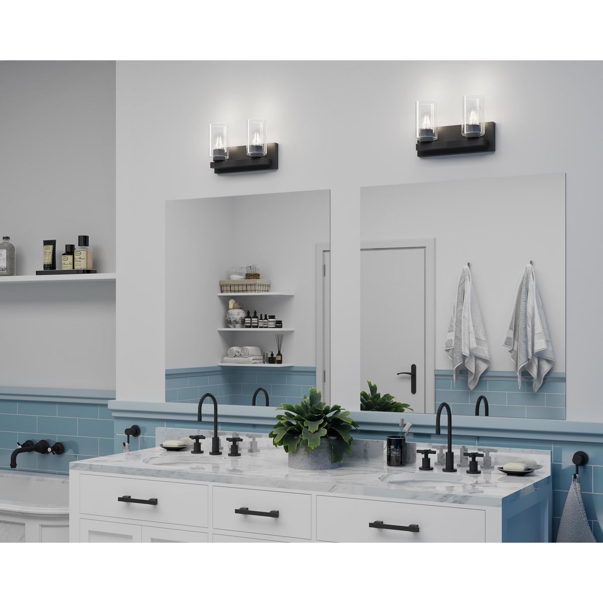 Progress Lighting Goodwin 2 light matte black bath vanity wall light in bathroom setting