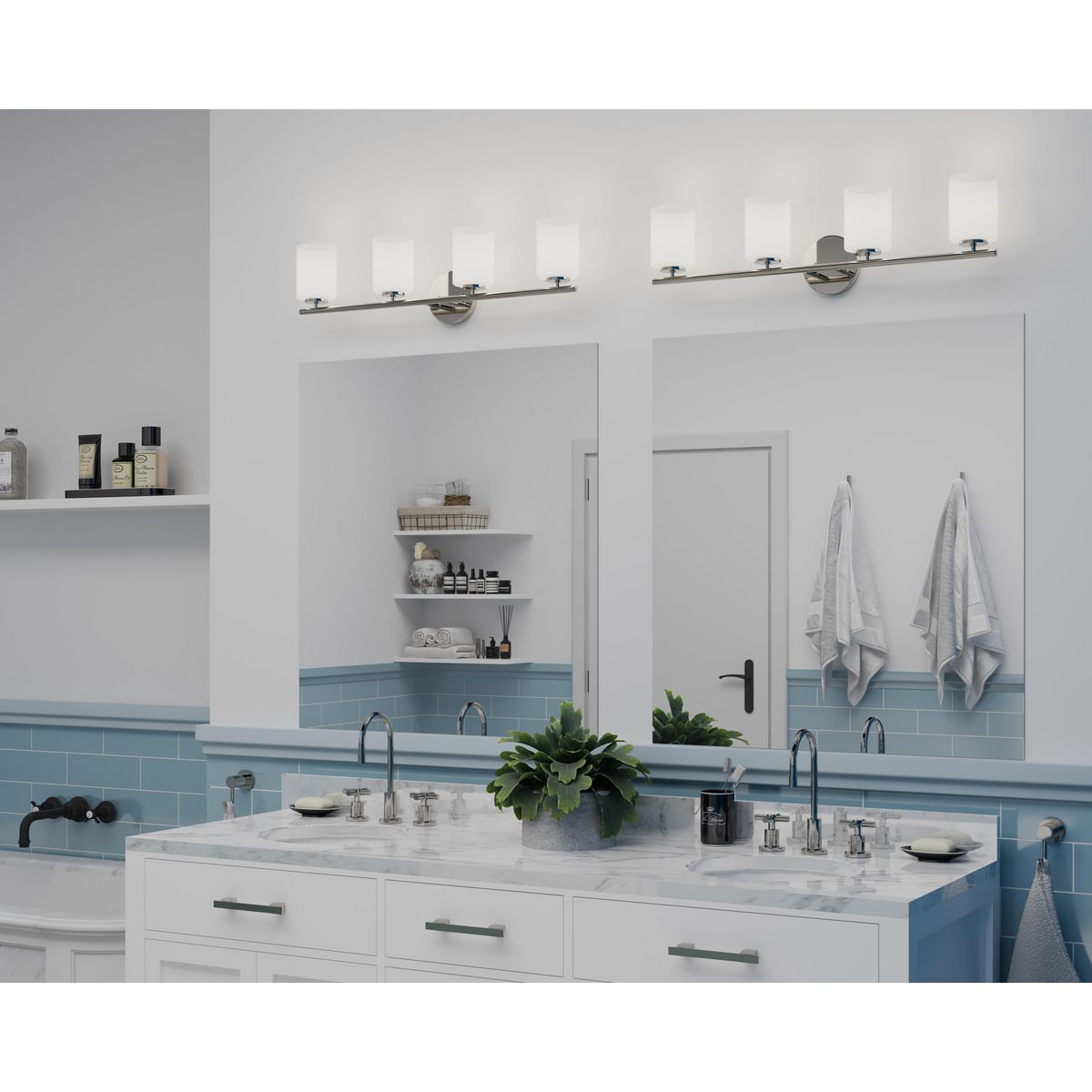 Replay 4 light polished nickel bath vanity wall light installed over bathroom mirrors