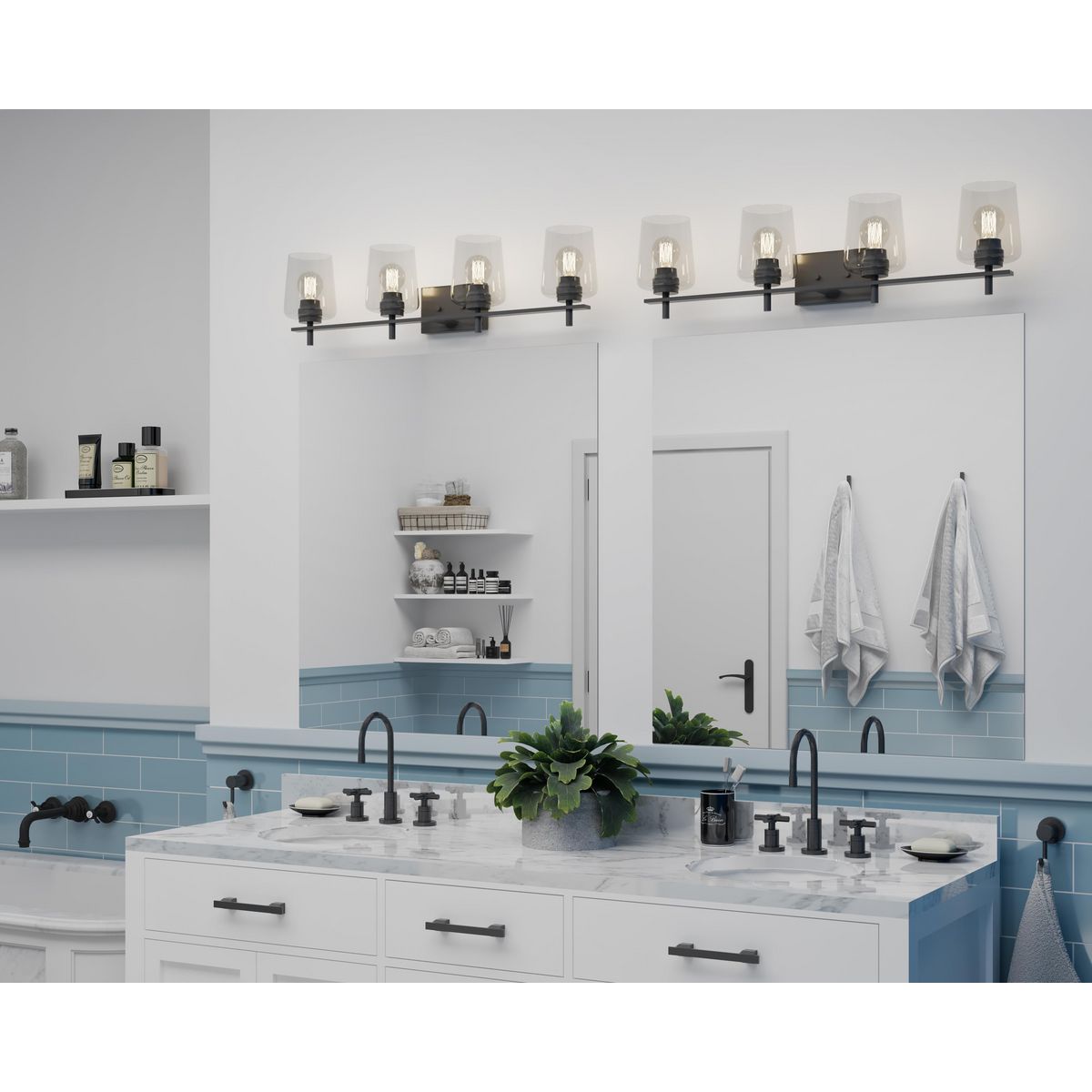 Progress Lighting Calais 4 light matte black bath vanity wall light in bathroom