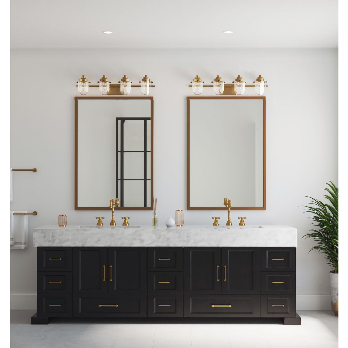 Progress Lighting P300437-163 Northlake 4 Light Vintage Brass Bath Vanity Wall Light in bathroom setting