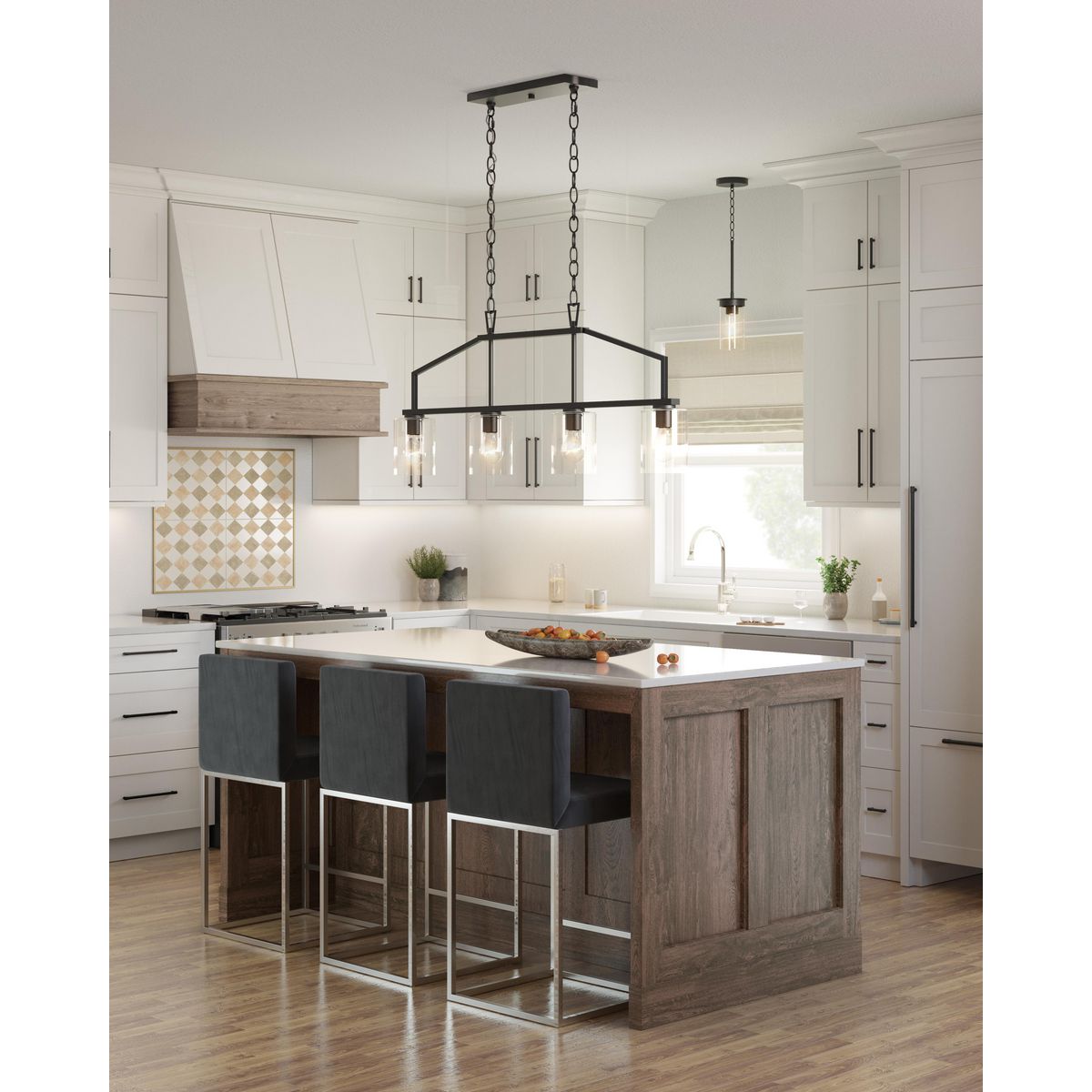 Progress Lighting Goodwin 4 light matte black linear chandelier ceiling light in kitchen