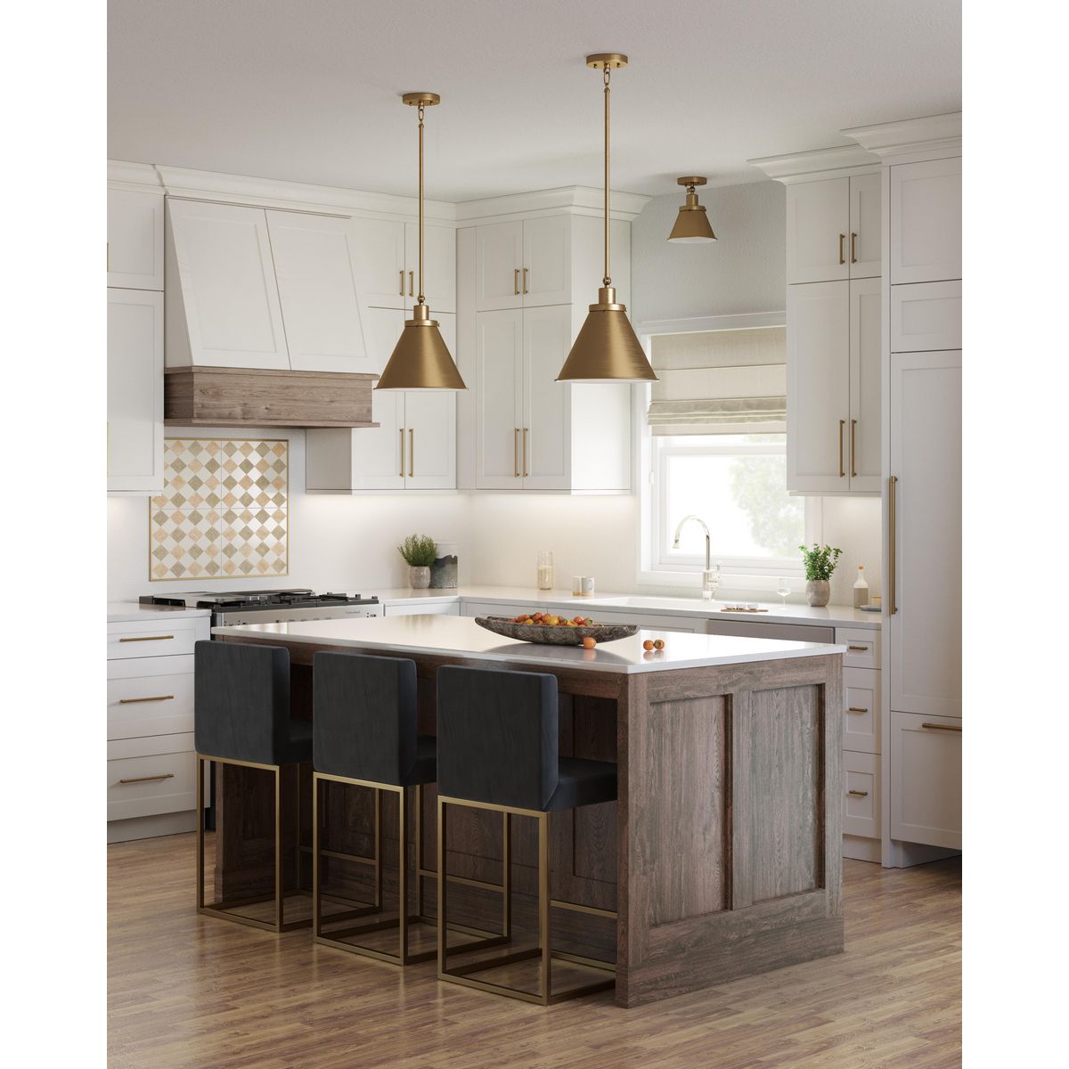 Progress Lighting Hinton vintage brass pendant ceiling lights in kitchen