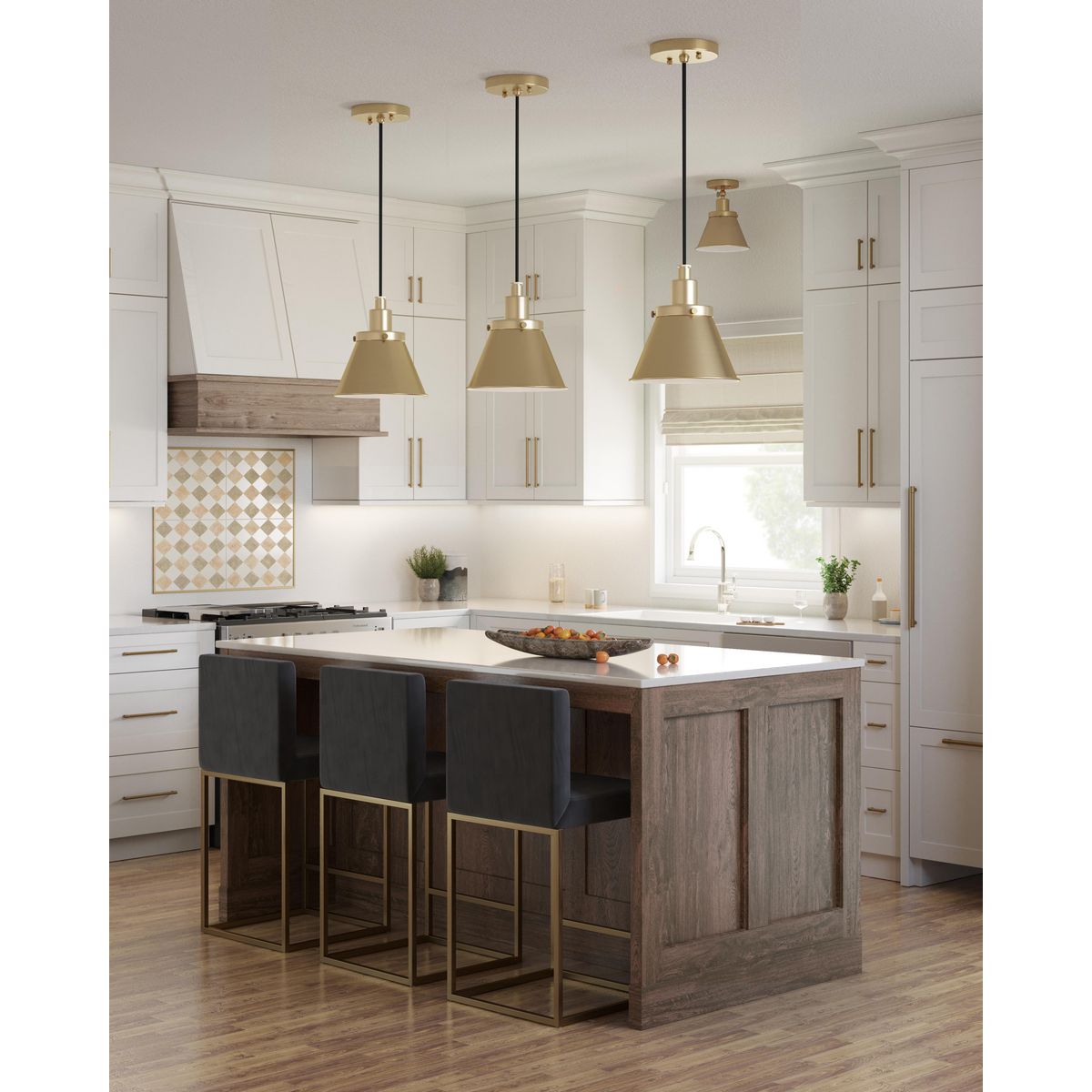 Progress Lighting Hinton vintage brass pendant ceiling lights in kitchen setting