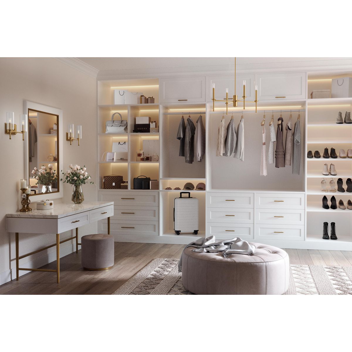 Progress Lighting Elara vintage brass bath vanity wall light shown in a walk-in closet setting