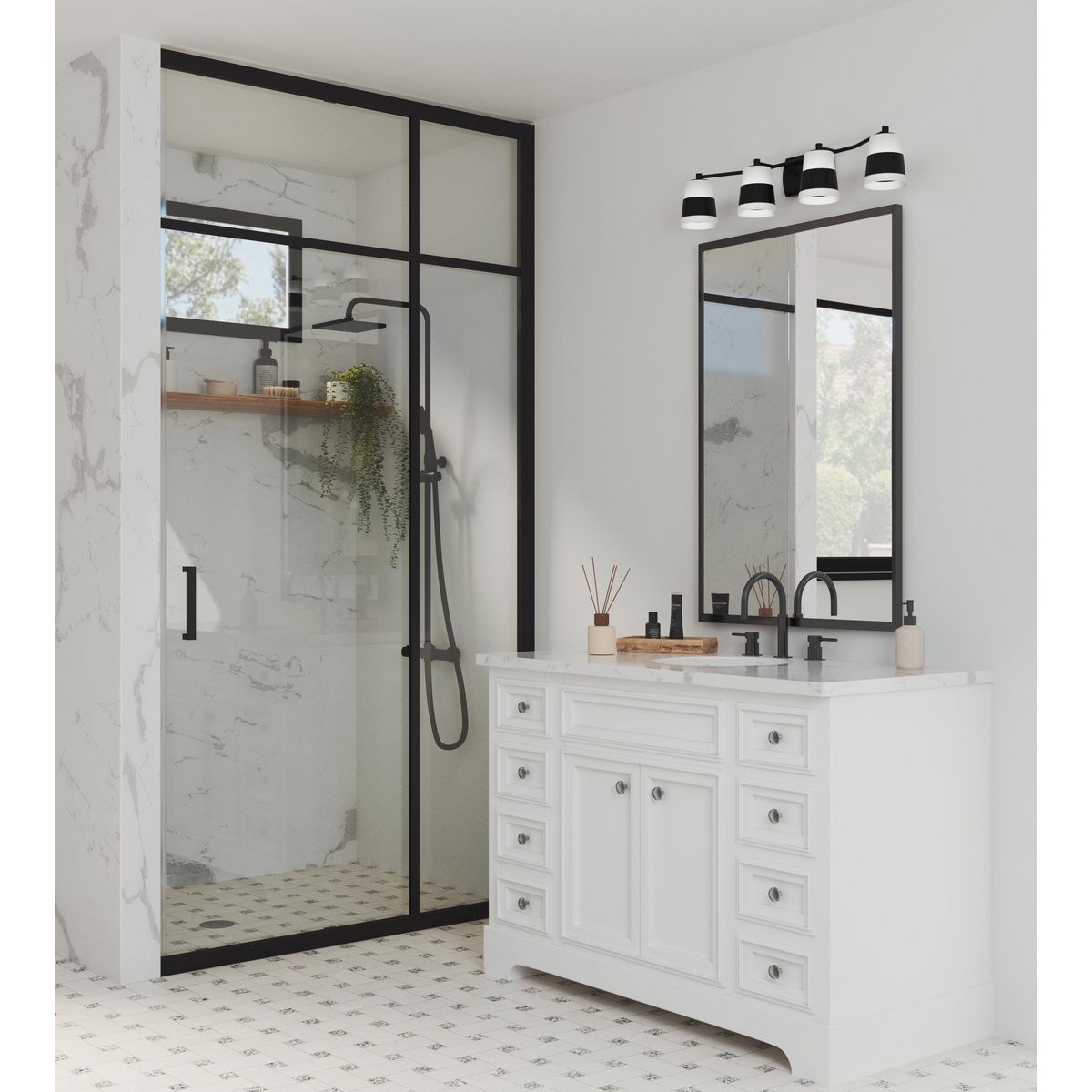 Progress Lighting P300445-31M Haven 4-Light Matte Black Bath Vanity Wall Light Lifestyle Shot in White Bathroom