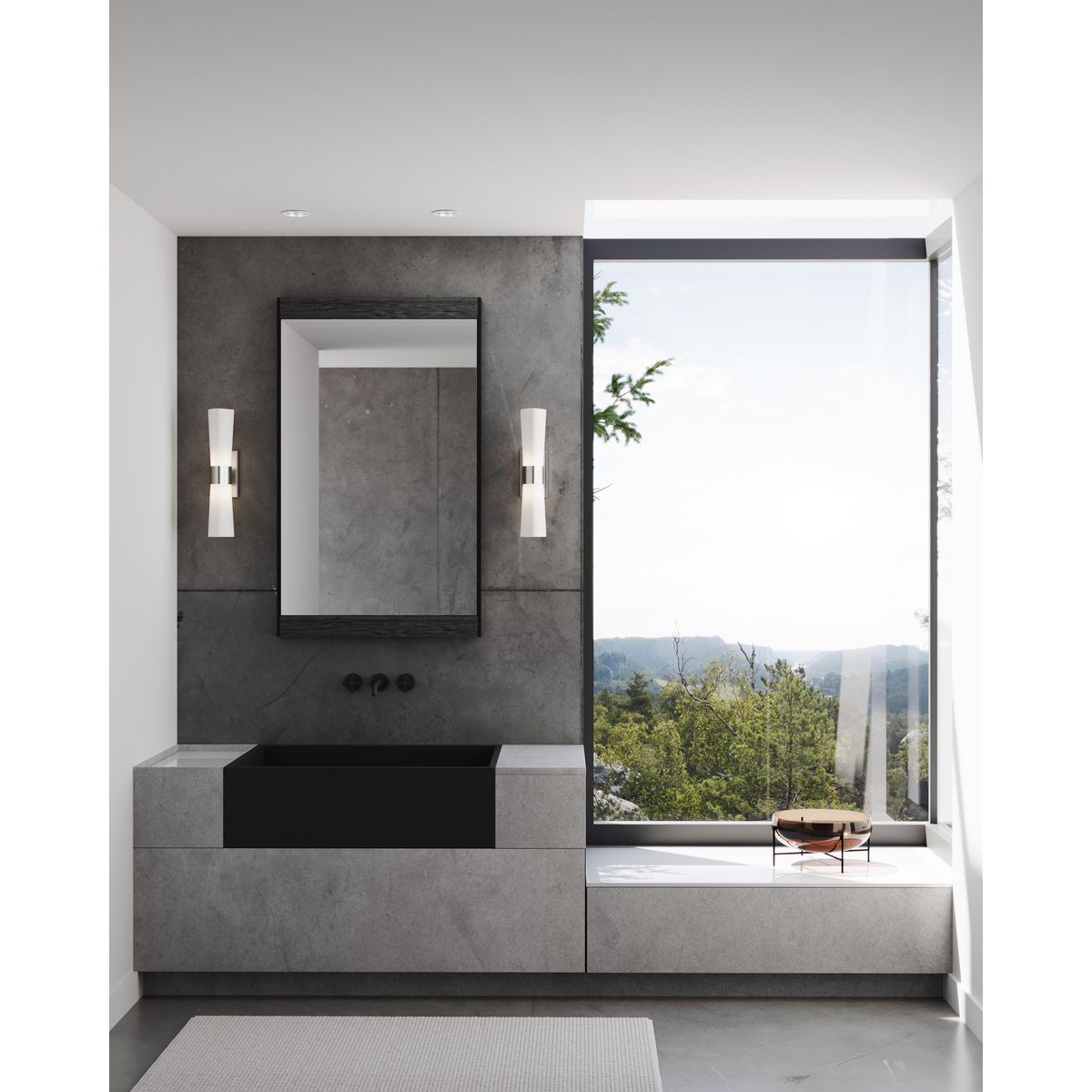 Zura brushed nickel bath vanity wall lights shown in a bathroom