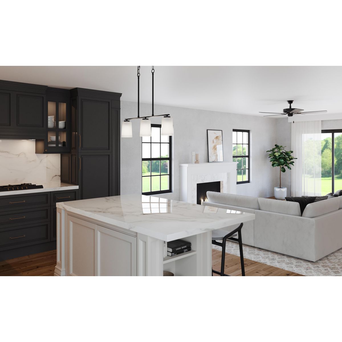 Progress Lighting Adley matte black 3 light linear chandelier installed above kitchen island