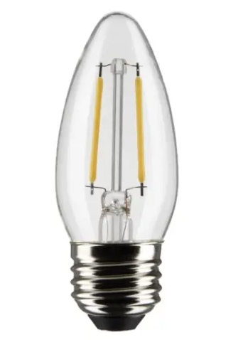 SATCO S21832 LED B11 Bulb, Dimmable, E26, Wattage 3W, Lumens 250 lm, Voltage 120V, Color Temperature 2700K, Clear, 2PK