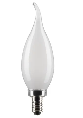SATCO S21847 LED CA10 Bulb, Flame Tip, E12, Wattage 5.5W, Lumens 500 lm, Voltage 120V, Color Temperature 2700K, Frosted, 2PK