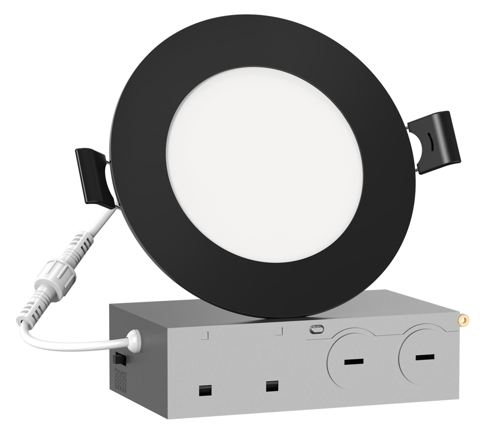 Lotus LED Lights SC-DL09-D04H-A1-61RE-BK Lotolite 4" Slim Round LED Panel - 9W 5CCT (2700K-5000K), TRIAC Dimming 10-100%, Black Trim, cETLus/Energy Star/JA8 Certified for Wet/Insulated Ceilings