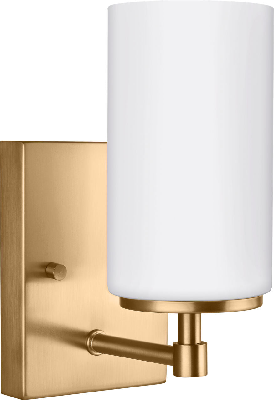 Generation Lighting Alturas 1 light bath vanity wall light in satin brass with etched white glass