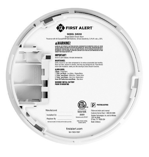 BRK First Alert SM200 Battery powered, low profile, smoke alarm with replaceable battery and silence feature. Includes Photoelectric smoke sensing technology and 2 AA Alkaline batteries.