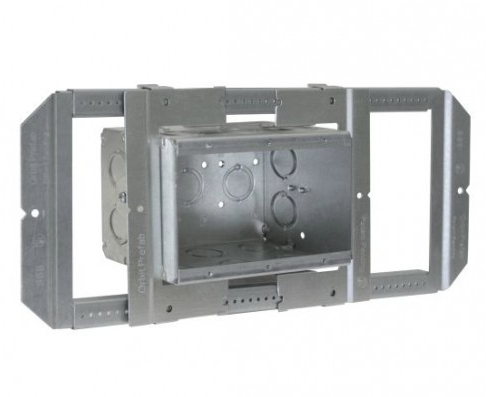 Orbit SSB-MB3 KO Ends = (6) - CKO , KO Bottom = (3) - CKO, KO Sides = (4) - CKO , CU. Inch = 69.3 Preassembled Simple Support Bracket With 3-1/2” Deep Multigang Masonry Box Up To 6-gang, Box Depth Adjustable From 5/8” To 1-1/2”