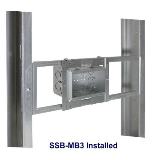 Orbit SSB-MB3 KO Ends = (6) - CKO , KO Bottom = (3) - CKO, KO Sides = (4) - CKO , CU. Inch = 69.3 Preassembled Simple Support Bracket With 3-1/2” Deep Multigang Masonry Box Up To 6-gang, Box Depth Adjustable From 5/8” To 1-1/2”