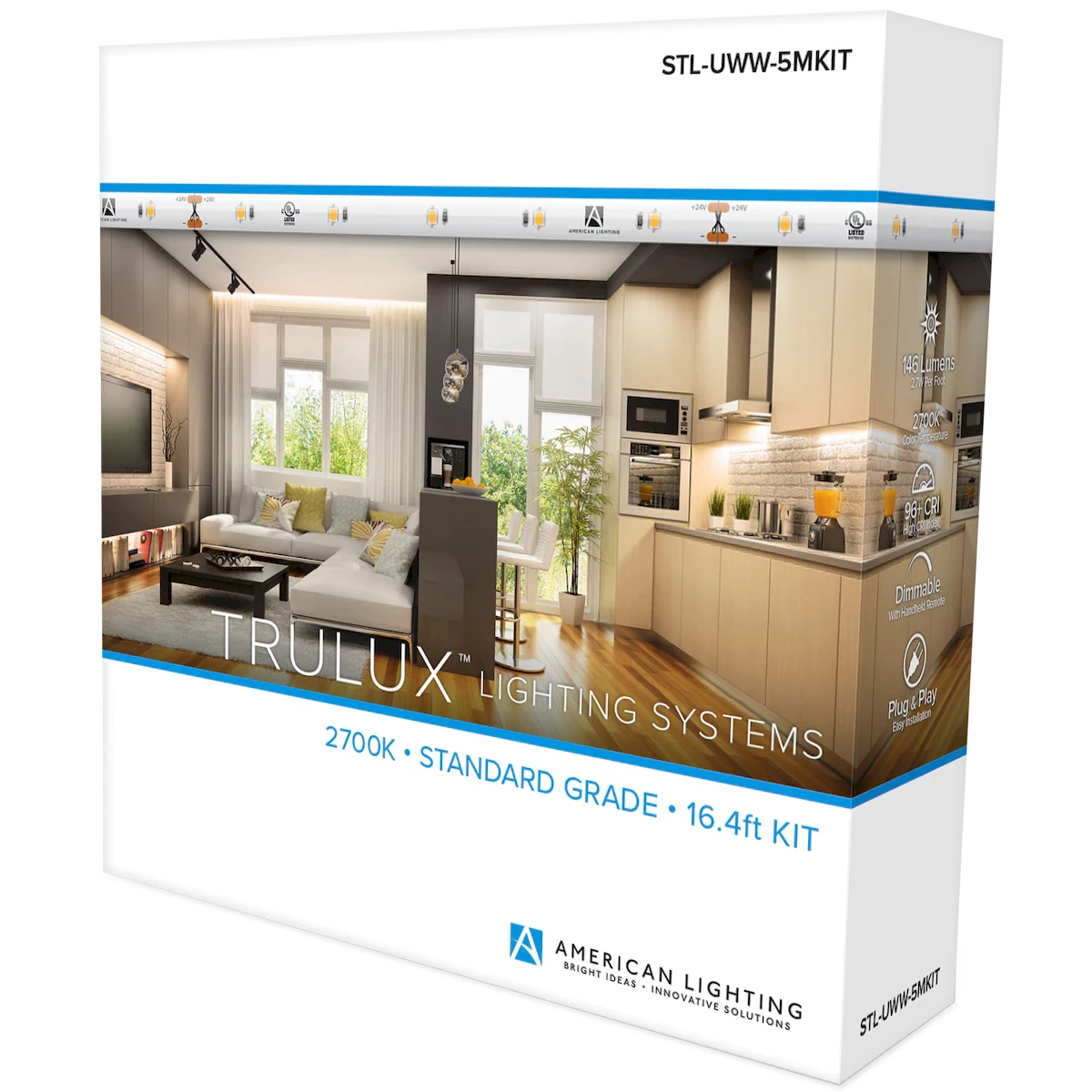 American Lighting STL-UWW-5MKIT Trulux 16.4 Ft Standard Grade 24V Tape Light Kit including Wire, Connections, Drive - 146 Lumens - 2700K