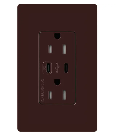 Lutron CAR-15-CCTR-BR Claro 15A Tamper-Resistant USB Type C Duplex Receptacle - Finish: Brown