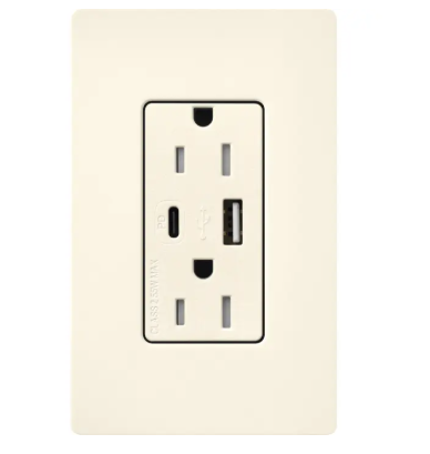 Lutron SCR-15-ACTR-BI Claro 15A Tamper-Resistant USB Type A and C Duplex Receptacle - Finish: Biscuit