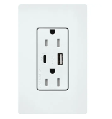 Lutron SCR-15-ACTR-GL Claro 15A Tamper-Resistant USB Type A and C Duplex Receptacle - Finish: Glacier White