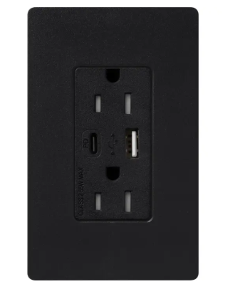 Lutron SCR-15-ACTR-MN Claro 15A Tamper-Resistant USB Type A and C Duplex Receptacle - Finish: Midnight