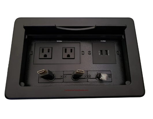 Lew Electric TBUS-10-B6 Cable Well Table AV Box W/ 2 AC, 2 Charging USB, Reracting 2 HDMI & Cat6, Black